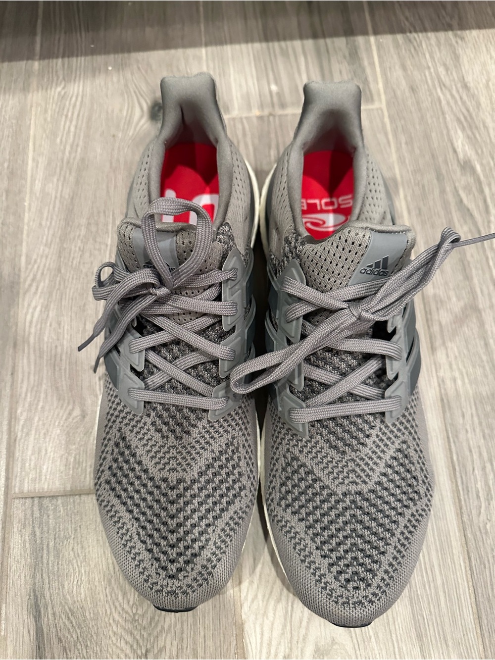 adidas Gray Knit Trainers with Red Insoles